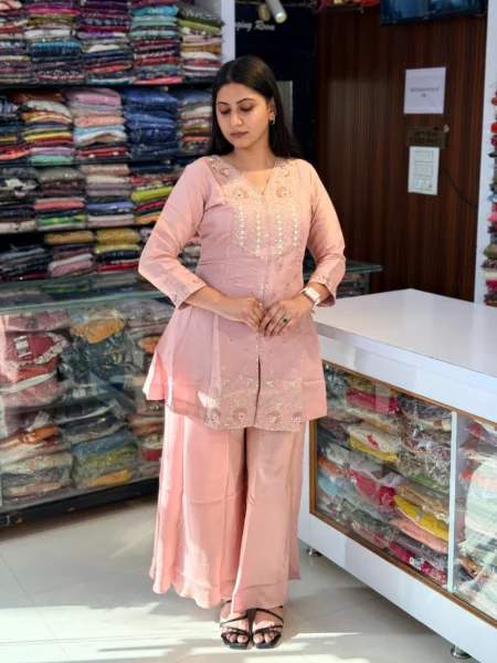 Peach Pink Mulchanderi A-Line Suit