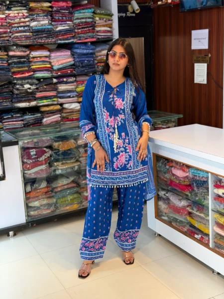 Royal Blue Crepe Farshi Suit