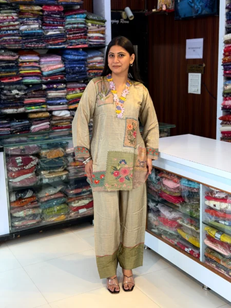 Green Cream Crepe Cord Set