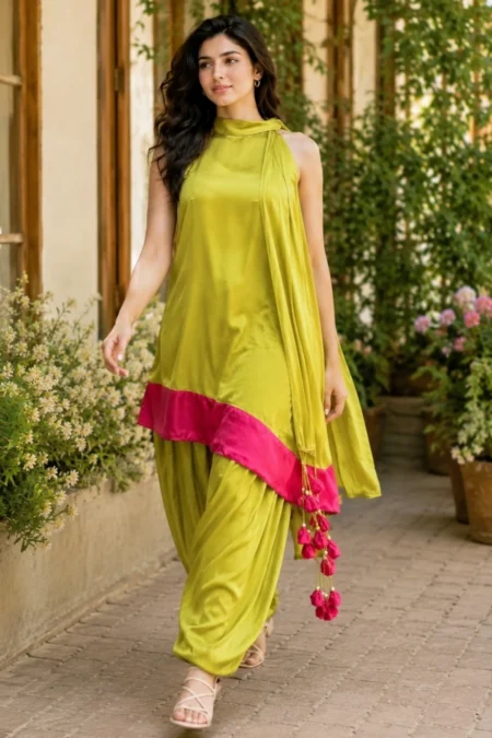 Neon Green Balloon Pant Satin Suit Set