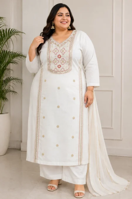 WHITE PLUS SIZE MULCHANDERI SUIT SET