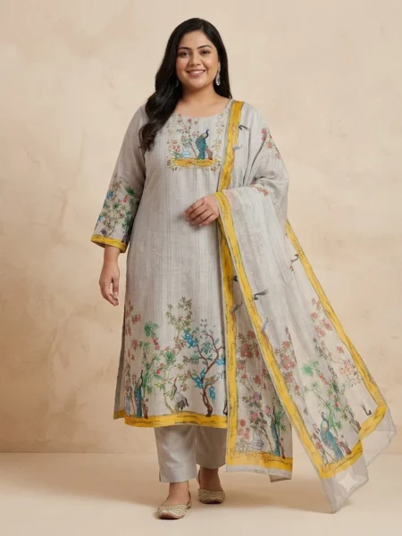 Grey Peacock Garden Embroidered Straight Kurta with Pants & Dupatta