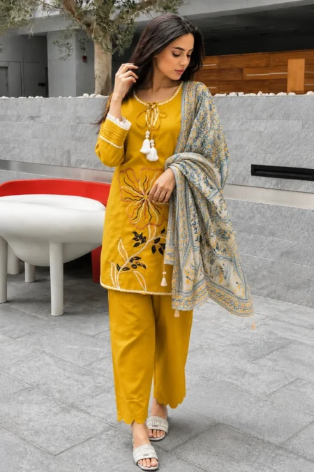 Mustard Yellow Floral Embroidered Short Kurti with Pants & Block Print Dupatta