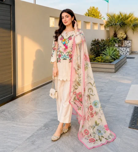Ivory Floral Embroidered Short Kurti with Pants & Organza Dupatta