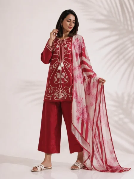 Maroon Art Deco Embroidered Short Kurta with Palazzo & Floral Dupatta