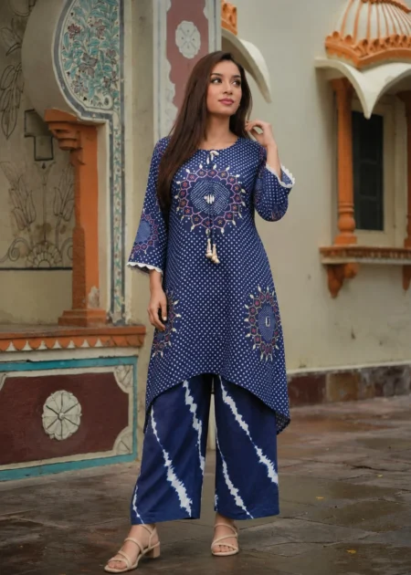Navy Blue Bandhani Print High-Low Kurta with Shibori Tie-Dye Palazzo