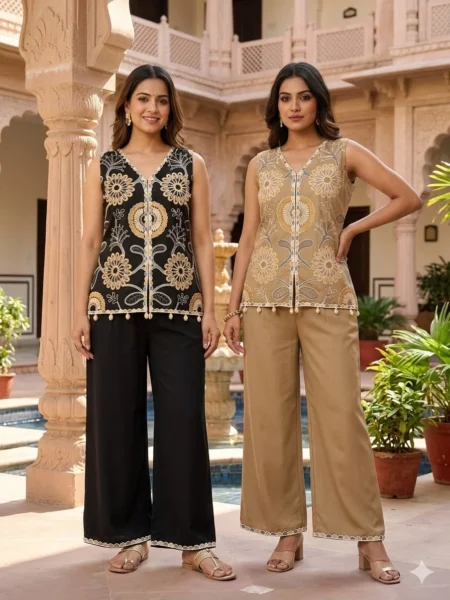 Floral Embroidered Sleeveless Jacket Style Top with Palazzo Set