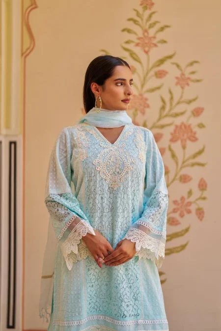 Powder Blue Chikankari Embroidered Kurta with Lace Detailing & Dupatta