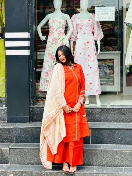 Burnt Orange Angrakha Style Embroidered Kurta with Sharara & Dupatta